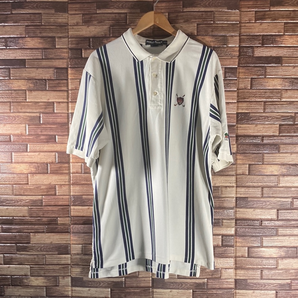 Mens Polo Ralph Lauren Golf XXL Cream Stripped Polo w/ Colonial Golf Logo